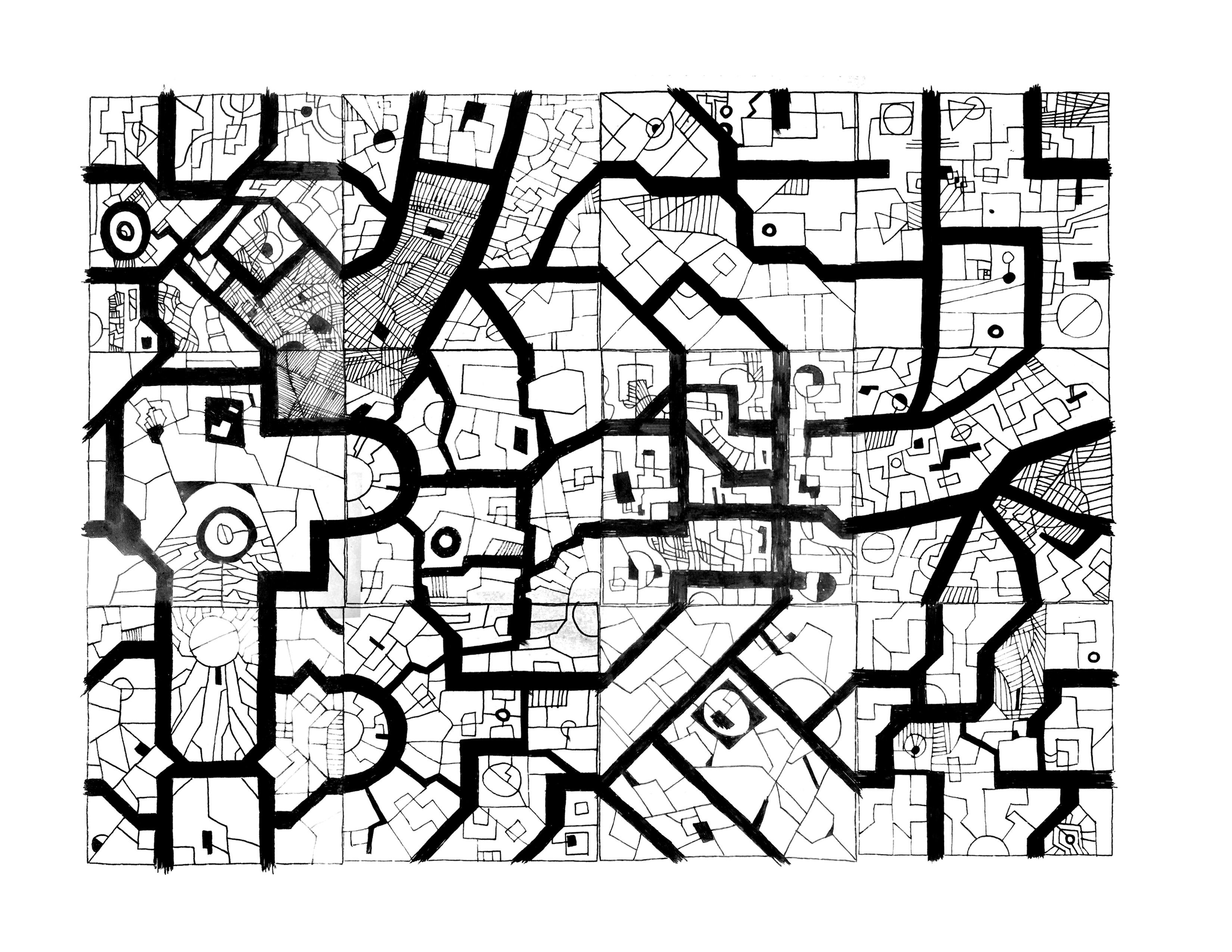 An Urban Geomorph for Nullhack. Just slice this badboy up, twist and turn it and duplicate it until you have a city of big enough size for your game.
